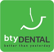 bty dental logo of green box and smile with clock arms as a face 